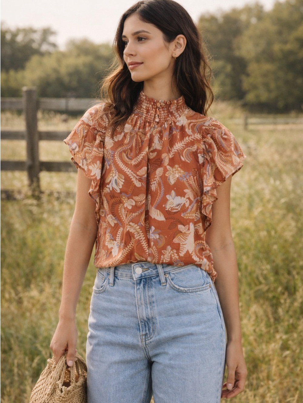 Joie Metallic Floral Flutter Sleeve High Neck Blouse Rust Sz XS